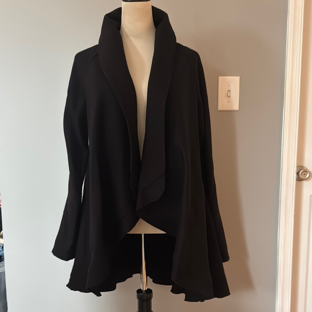 BCBGeneration Black Cape with Draped Collar and Ruffled Hem